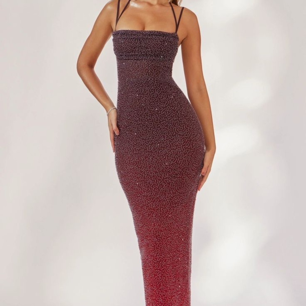 Oh Polly Monte Carlo Sparkle Ombre Strapless Maxi Dress - Burgundy to Red